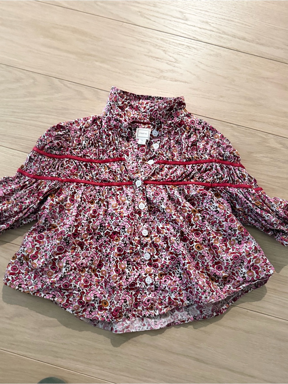 Maeve Pink Floral Button-Front Crop Blouse with Red Piping